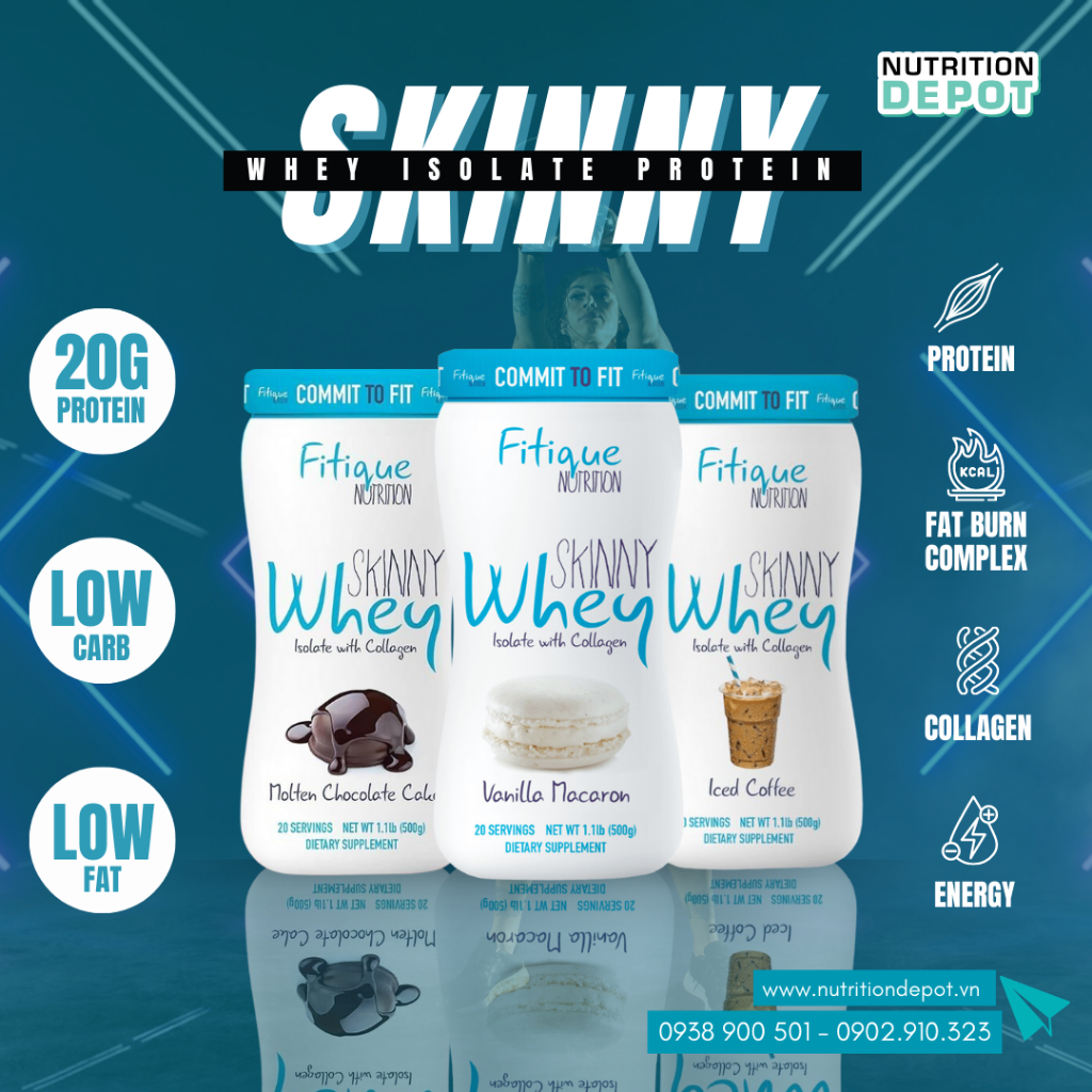 Combo 2 hũ sữa tăng cơ giảm mỡ cho nữ Skinny Whey Protein Isolate with Collagen Fitique Nutrition 500g - Tặng 1 SHAKER