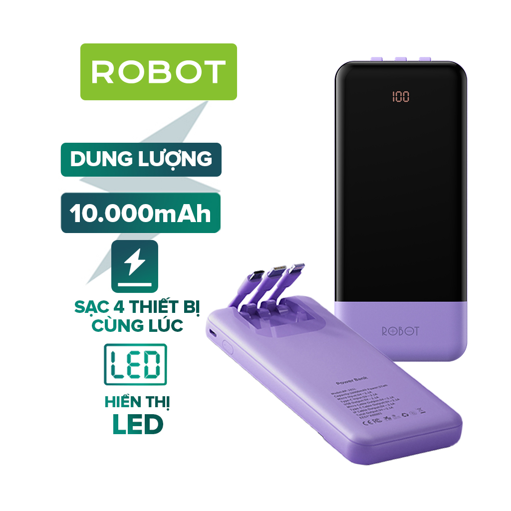 Pin Sạc Dự Phòng ROBOT RP-101L 10.000mAh Tích Hợp Dây Sạc