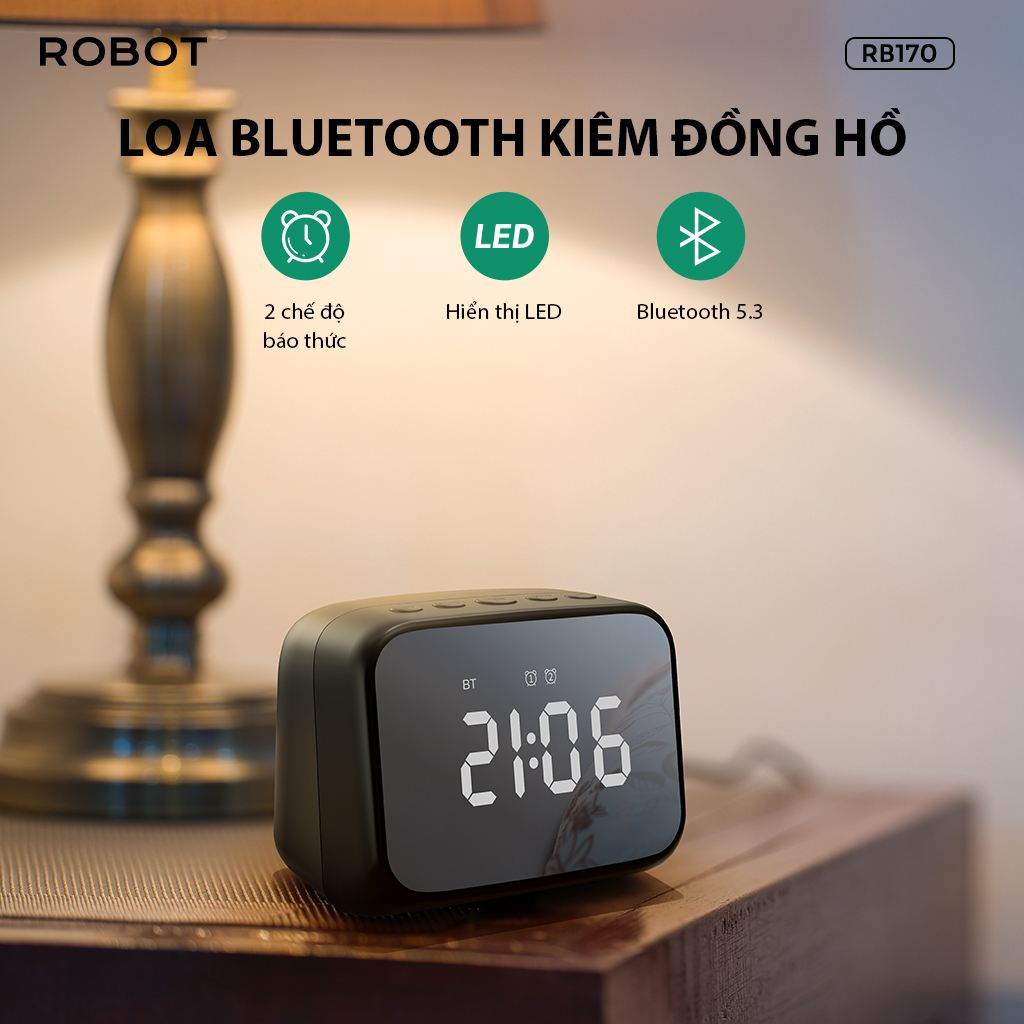 Loa Bluetooth 5.3 ROBOT RB170 Màn Hình LED Kiêm Đồng Hồ Báo Thức