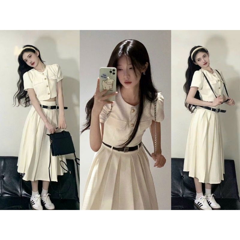 SET ÁO DẠ CHÂN VÁY MIDI TRẮNG KÈM BELT