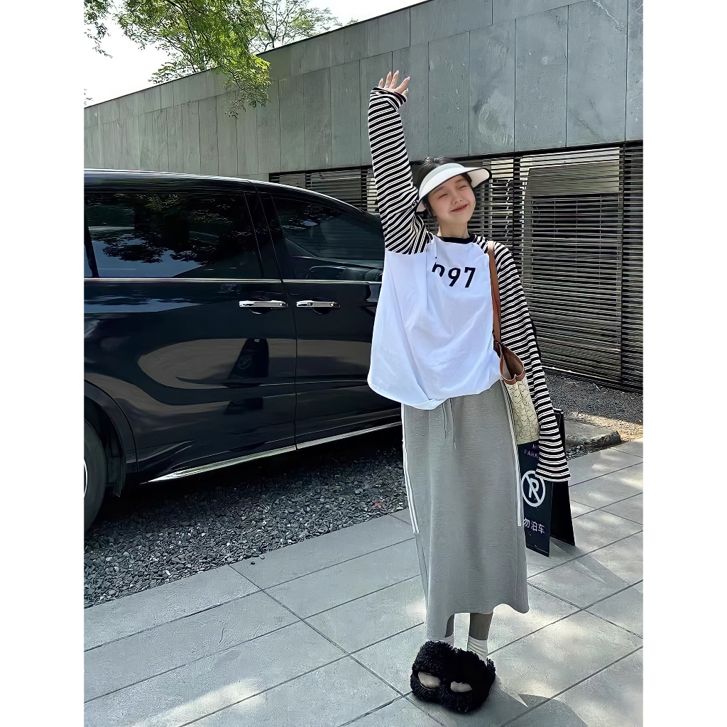 Áo Thun Nữ Tay Phối Kẻ 1997 🦋 Áo Nữ Dáng Thụng Dài Tay Cổ Tròn Phối Màu In Hình 🦋