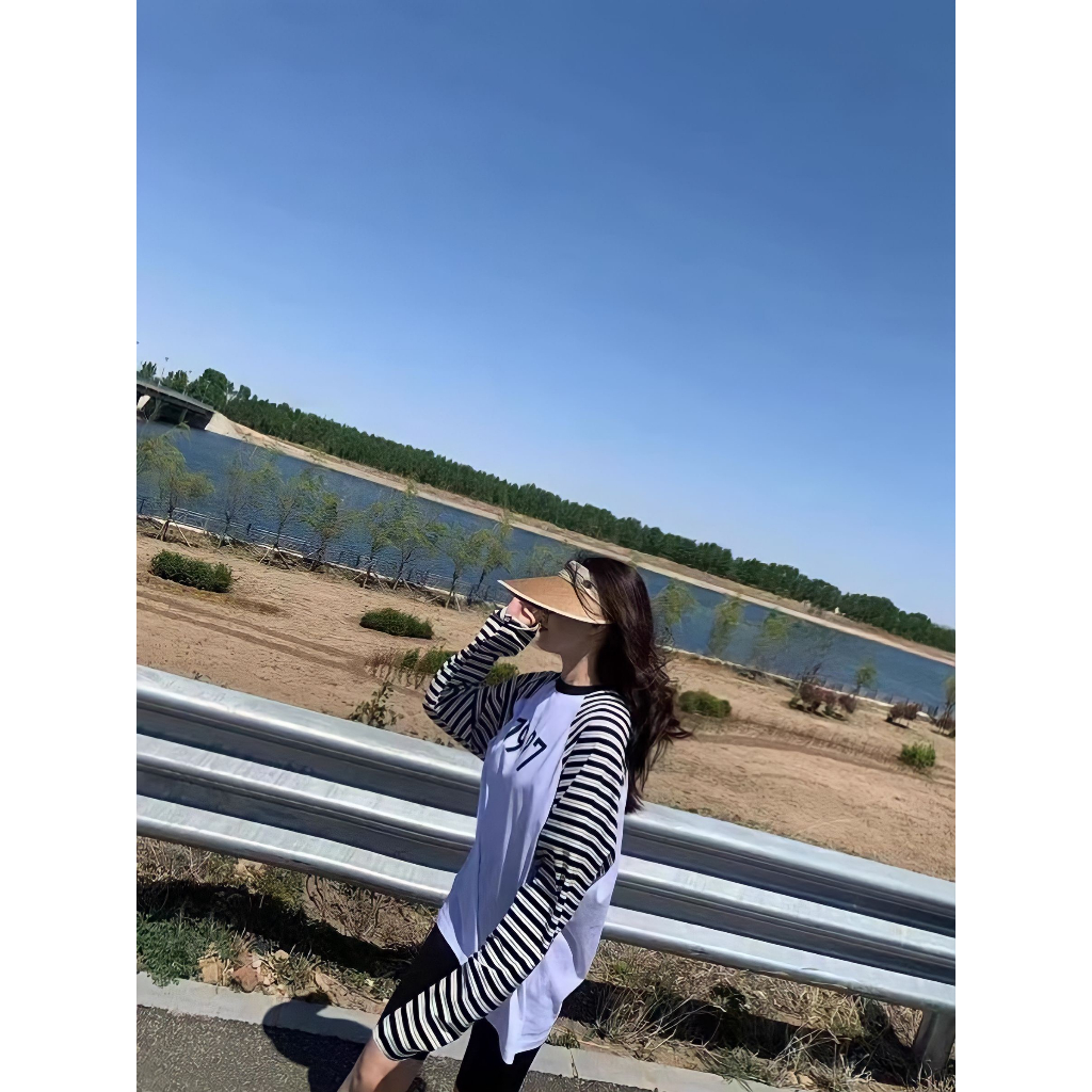 Áo Thun Nữ Tay Phối Kẻ 1997 🦋 Áo Nữ Dáng Thụng Dài Tay Cổ Tròn Phối Màu In Hình 🦋