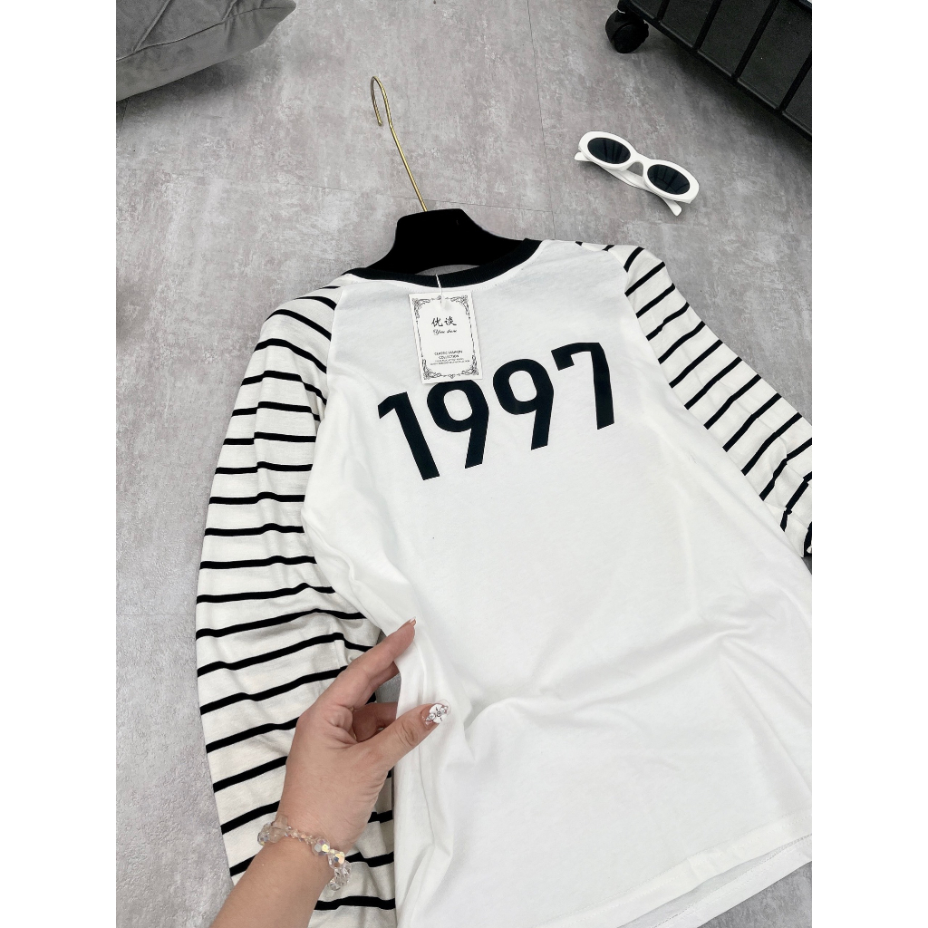 Áo Thun Nữ Tay Phối Kẻ 1997 🦋 Áo Nữ Dáng Thụng Dài Tay Cổ Tròn Phối Màu In Hình 🦋