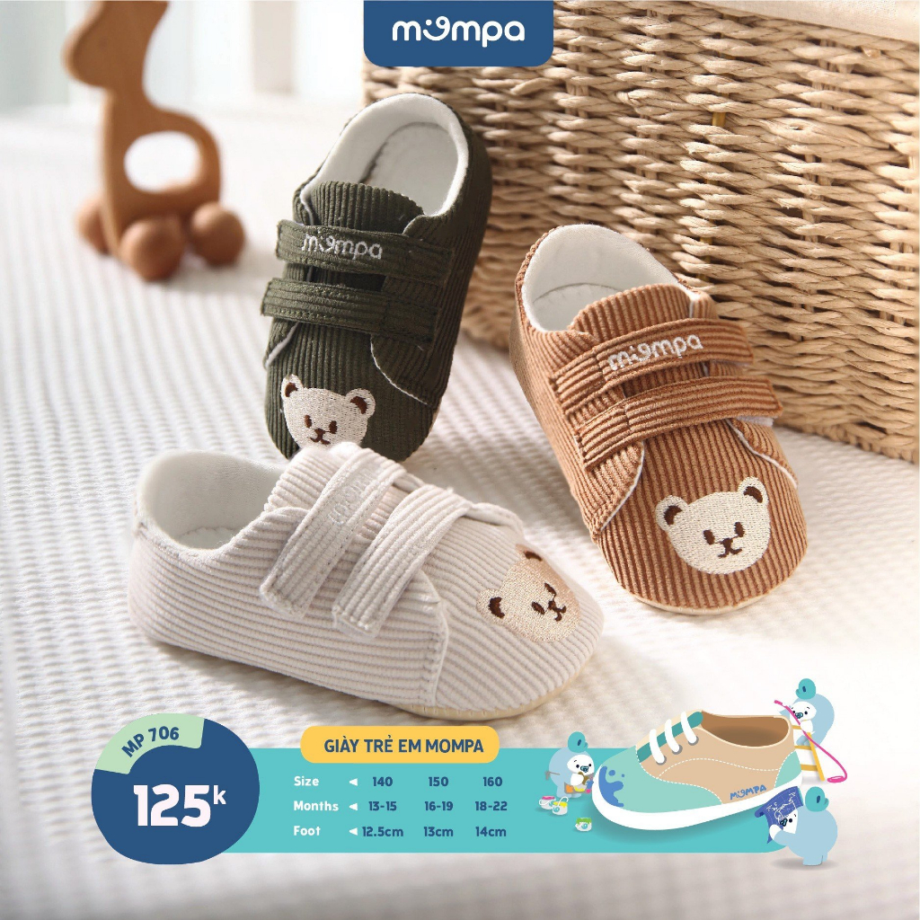 Giày tập đi đế mềm cho bé Mompa 13 đến 22 tháng vải thoáng mát họa tiết gấu dễ thương 706