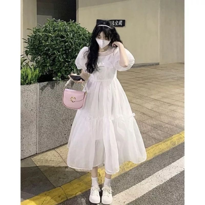Váy babydoll nơ mặt trước ngực, váy công chúa tay bồng dáng dài 3 tầng