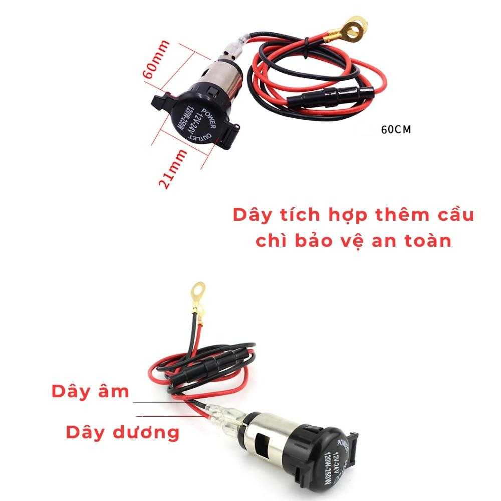 Đầu cắm tẩu sạc xe máy 12-24V  dây 60cm và cầu chì bảo vệ