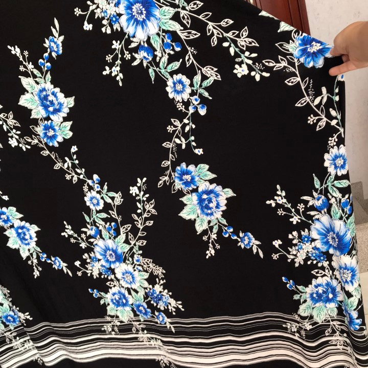 Vải Khúc Thun Aty Đen In Hoa Khổ 1m55 - Chất Mềm Rũ, Co Giãn 4 Chiều - May Áo Thun, Váy, Đầm, Đồ Bộ