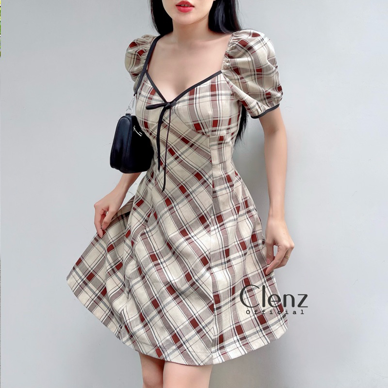 Đầm caro tay bồng dạo phố D10