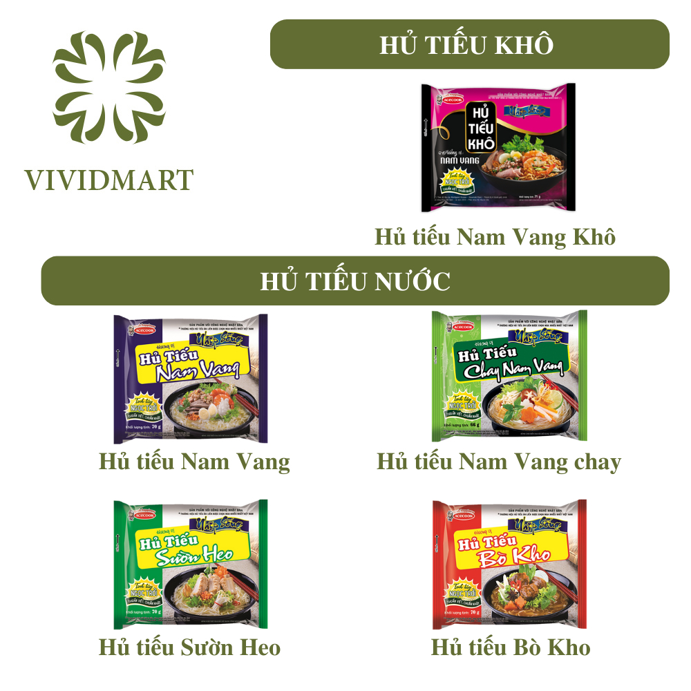 [GÓI LẺ] - ACECOOK - Hủ tiếu Nhịp Sống 5 vị: hủ tíu nam vang, nam vang CHAY, nam vang khô, bò kho và sườn heo