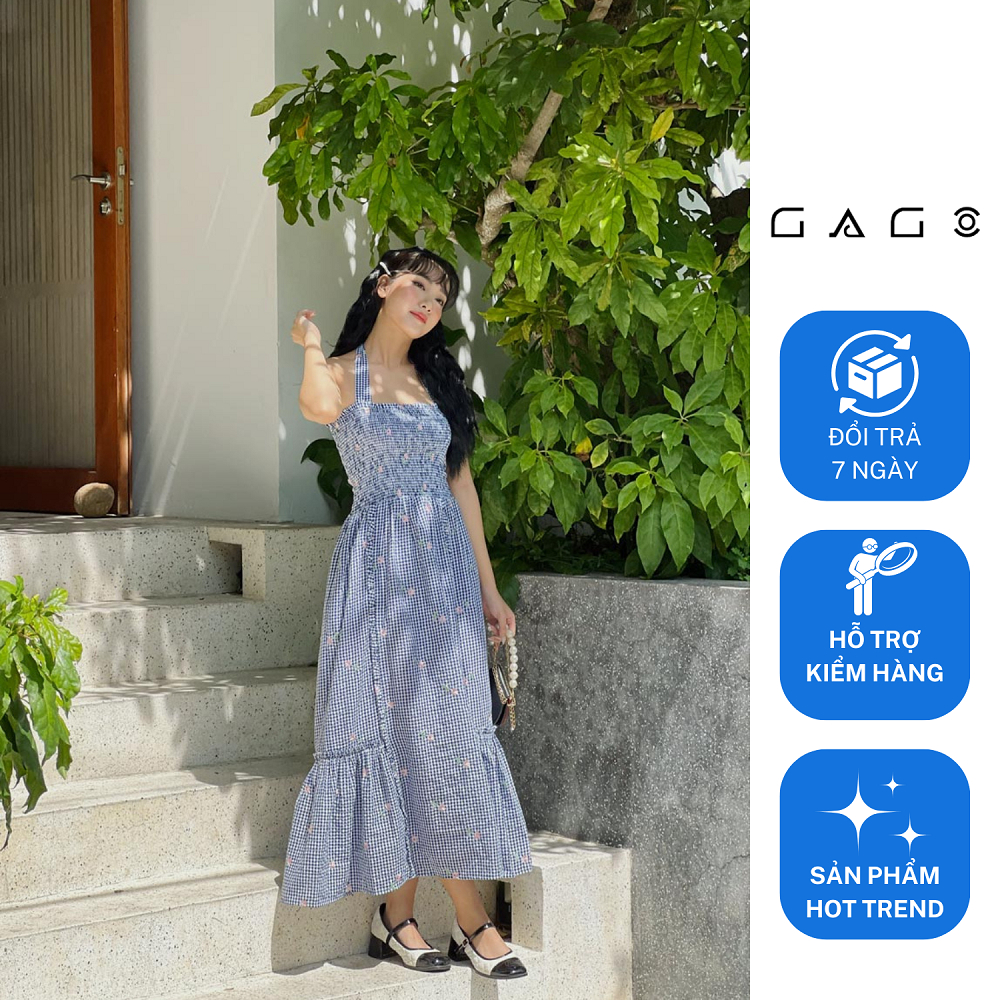 Đầm dây midi mocking thời trang GAGO hoạ tiết hoa nhí màu xanh GG4399