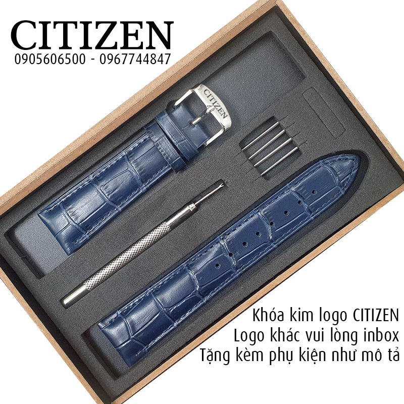 Dây đeo đồng hồ Citizen da bò dập vân cá sấu size 21mm, 20mm, 22mm hộp gỗ tặng kèm phụ kiện logo hãng khác inbox - D2311