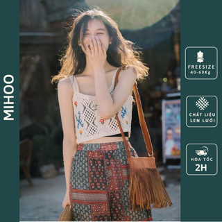 Áo len đan móc croptop nữ, áo lưới đi biển du lịch hàng quảng châu chất đẹp, áo hai dây len đan móc hoạ tiết hoa