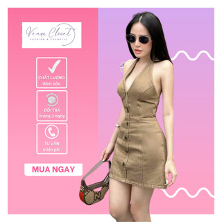 Đầm kaki nâu cổ yếm hở lưng Venus Closet - SR165