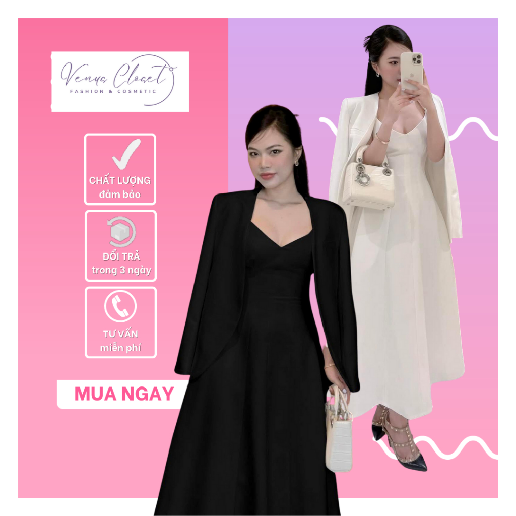 Set đầm midi 2 dây dáng dài kèm áo khoác vest Freesize Venus Closet - SR230