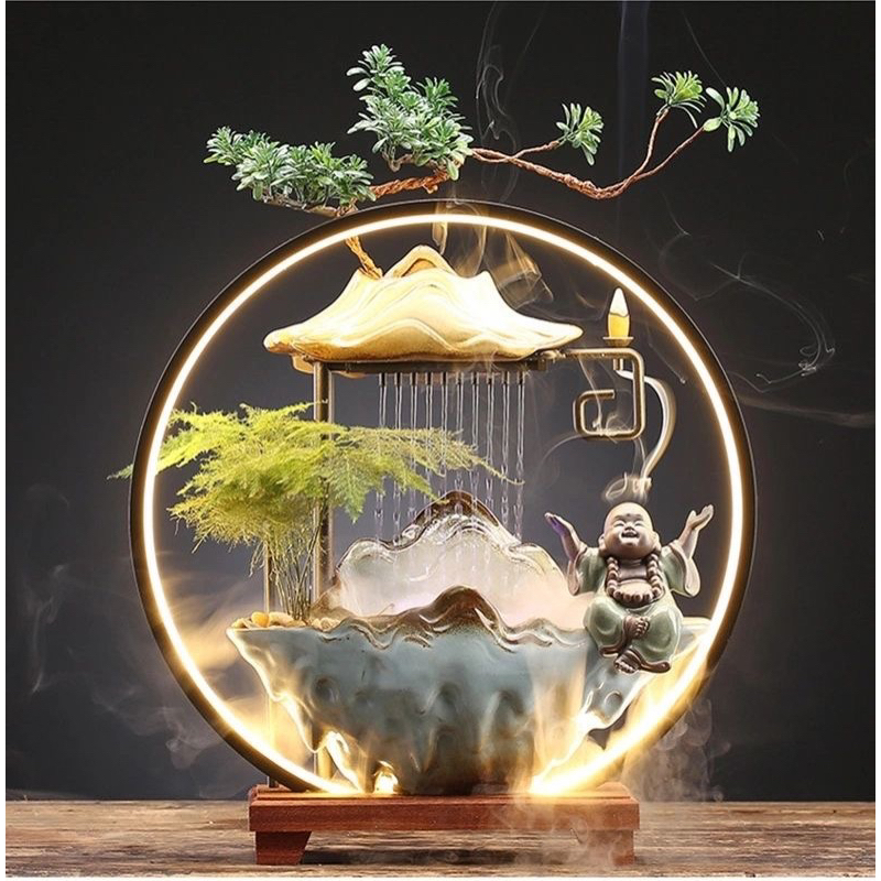 Thác nước, thác khói trầm hương phong thủy , có đài phun nước tự động kèm đèn LED cao cấp để bàn đem lại may mắn,tài lộc