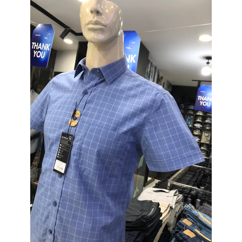 Áo sơ mi owen ngắn tay màu xanh trắng caro body fit vạt ngang vải sồi AB230169NT