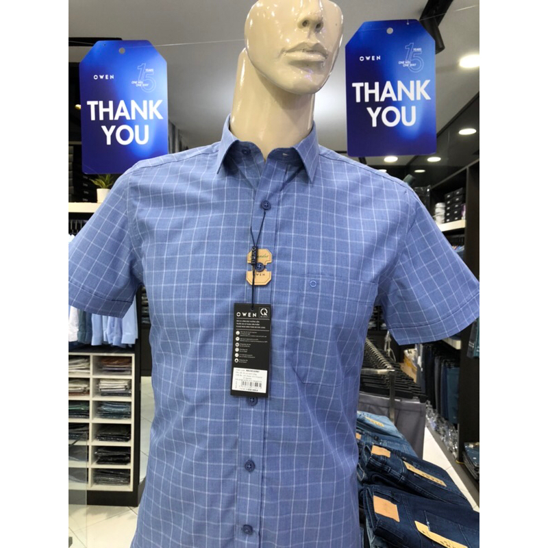 Áo sơ mi owen ngắn tay màu xanh trắng caro body fit vạt ngang vải sồi AB230169NT