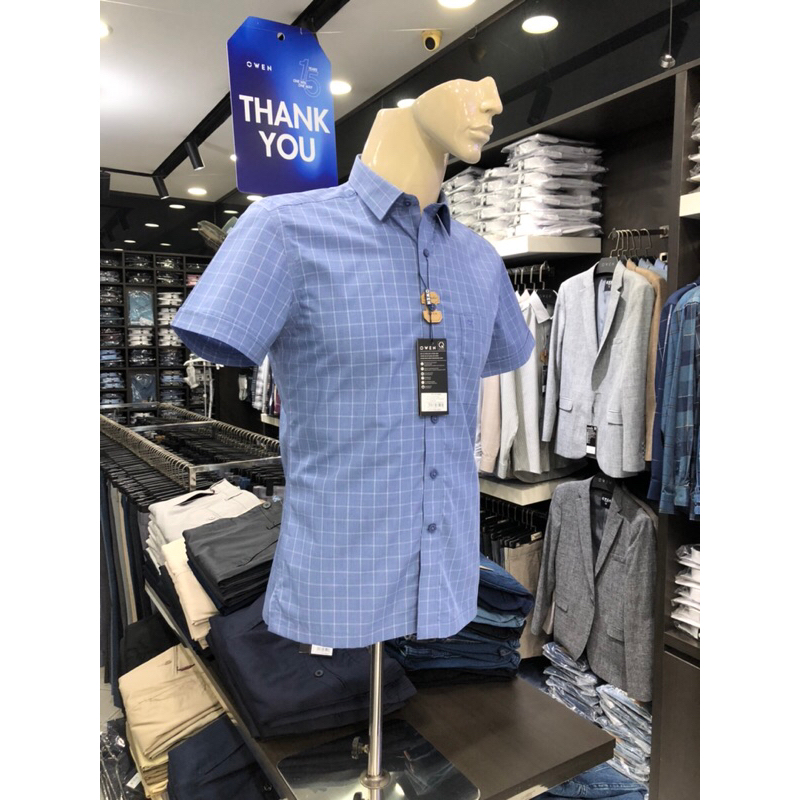 Áo sơ mi owen ngắn tay màu xanh trắng caro body fit vạt ngang vải sồi AB230169NT
