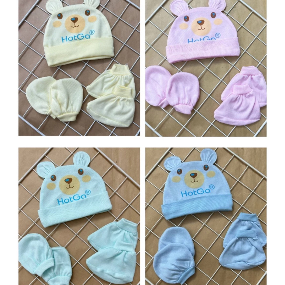 Set Mũ nón tai thỏ kèm bao tay chân sơ sinh  mềm mại, dễ thương, co giãn tốt cho bé từ sơ sinh đến 3 tháng_hotga
