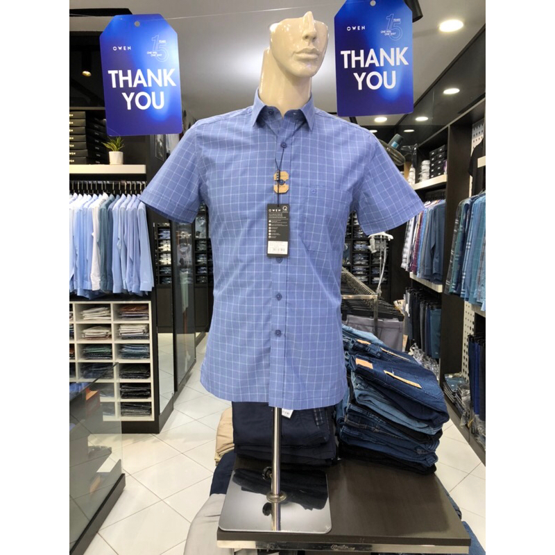 Áo sơ mi owen ngắn tay màu xanh trắng caro body fit vạt ngang vải sồi AB230169NT