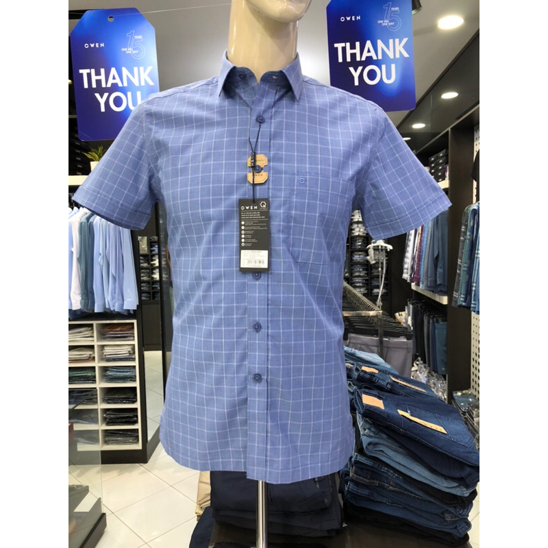 Áo sơ mi owen ngắn tay màu xanh trắng caro body fit vạt ngang vải sồi AB230169NT