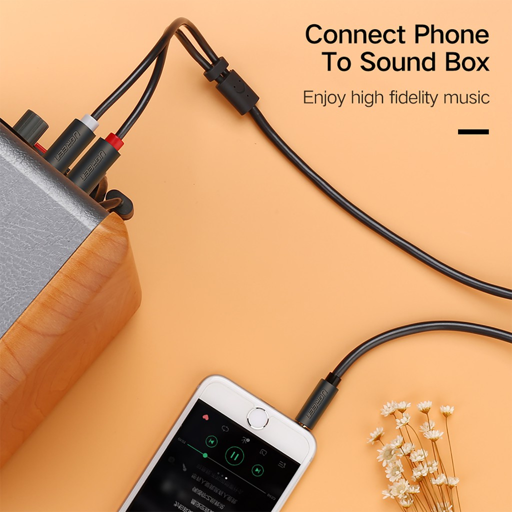 Dây Audio 3.5mm ra 2 đầu RCA  Ugreen, Đầu nối mạ vàng 14K, Kết nối dễ dàng, Bảo hành 12 tháng