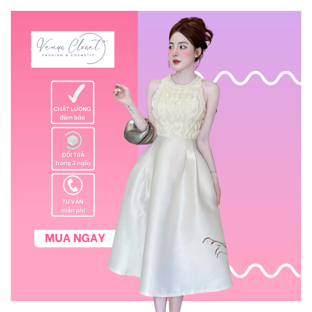 Đầm nữ váy nữ dự tiệc đầm midi phối ren kem đính cườm cổ Freesize Venus Closet (SR0185)