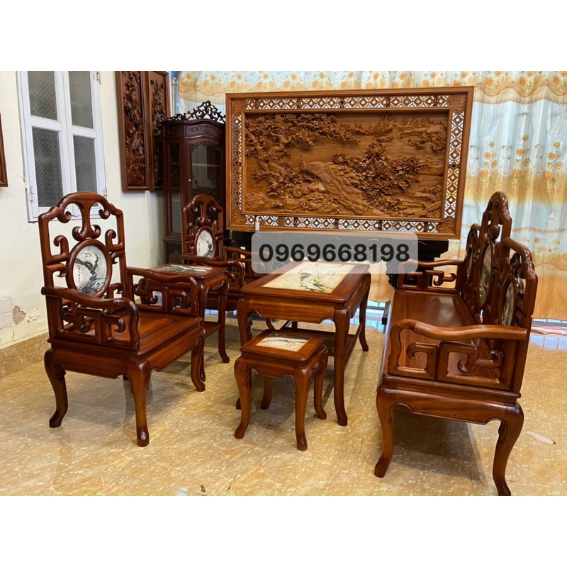 Bộ Bàn Ghế Móc mỏ Gỗ Gụ Lào 6 món đá tròn