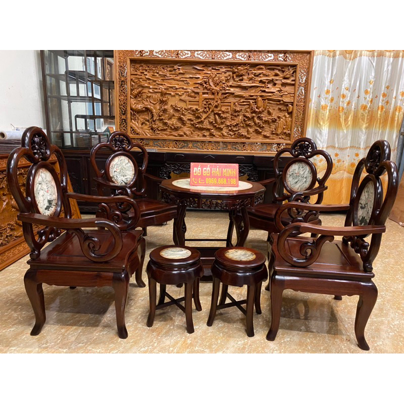 Bộ Bàn Ghế Guột Nho Đá Tròn Gỗ Gụ Lào 7 món Hàng Đẹp