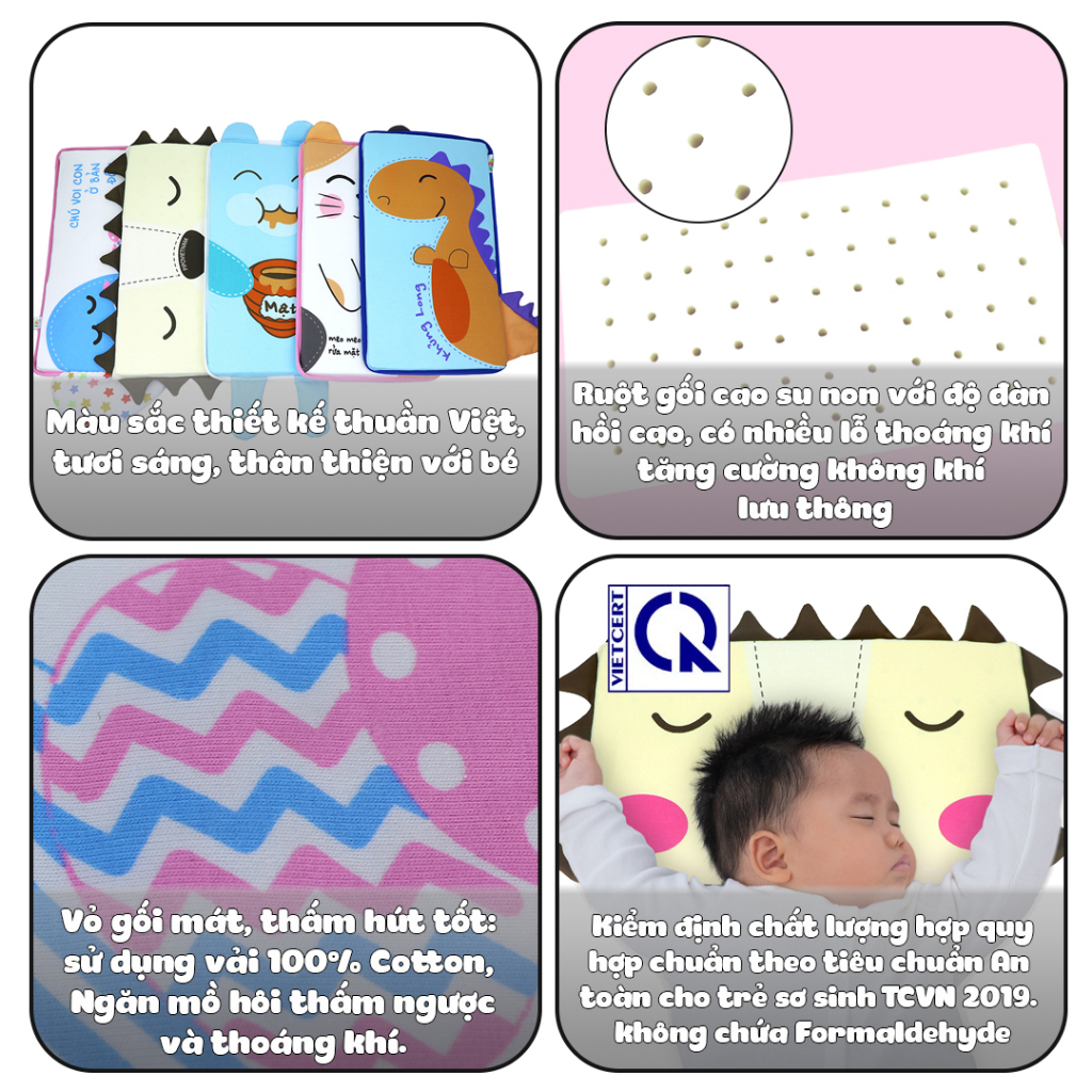 Gối cao su non cho bé hình Mèo Con - Vỏ cotton mát, ruột cao su non có lỗ tháng khí mềm mịn