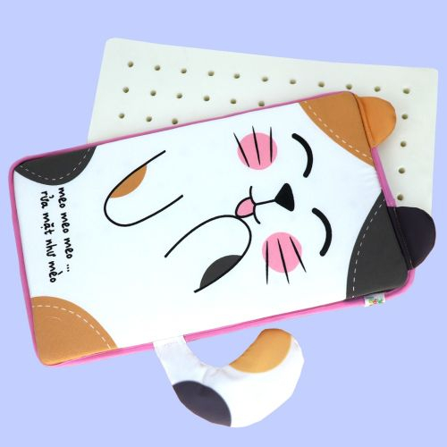 Gối cao su non cho bé hình Mèo Con - Vỏ cotton mát, ruột cao su non có lỗ tháng khí mềm mịn