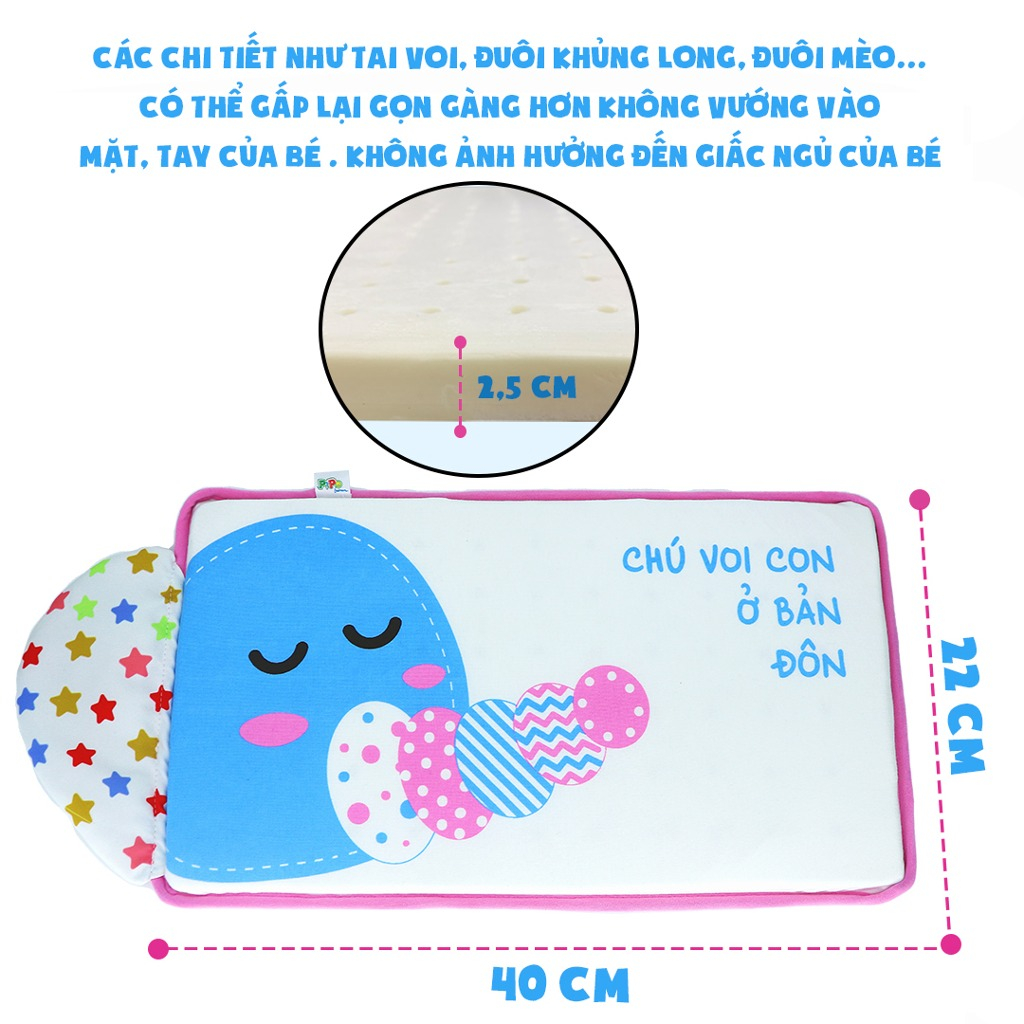Gối cao su non cho bé hình Mèo Con - Vỏ cotton mát, ruột cao su non có lỗ tháng khí mềm mịn