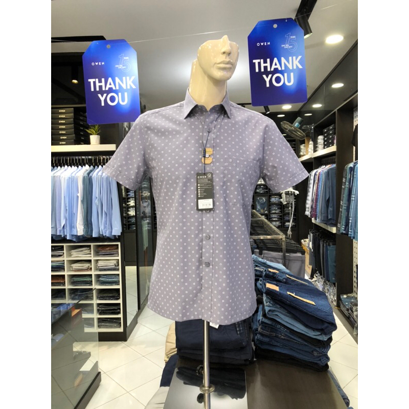 Áo sơ mi owen ngắn tay màu ghi họa tiết body fit vạt ngang vải sợi tre AB230051NT