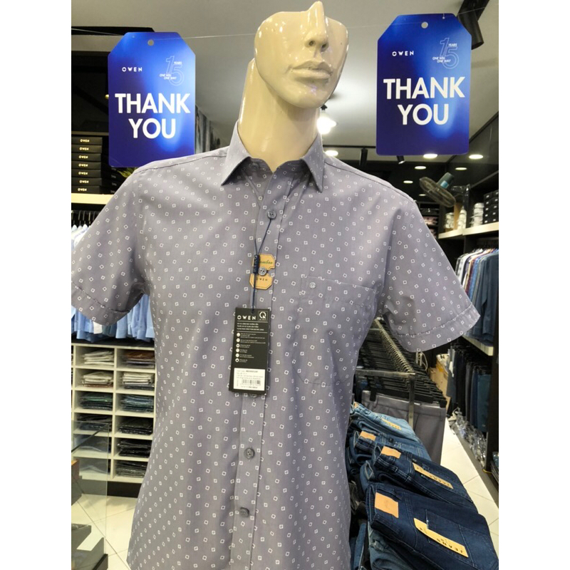 Áo sơ mi owen ngắn tay màu ghi họa tiết body fit vạt ngang vải sợi tre AB230051NT