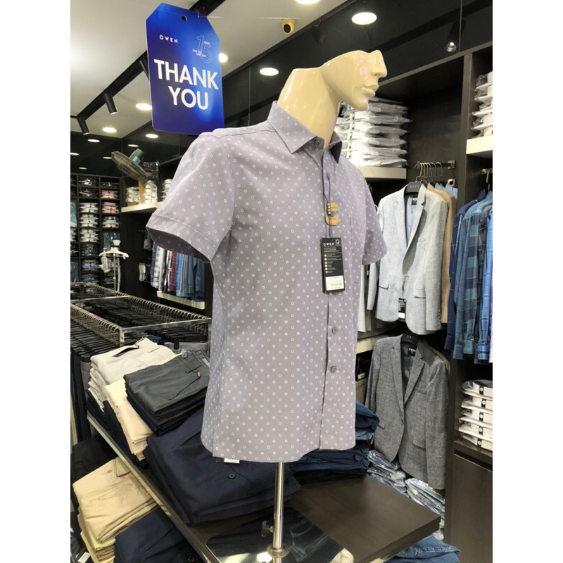 Áo sơ mi owen ngắn tay màu ghi họa tiết body fit vạt ngang vải sợi tre AB230051NT