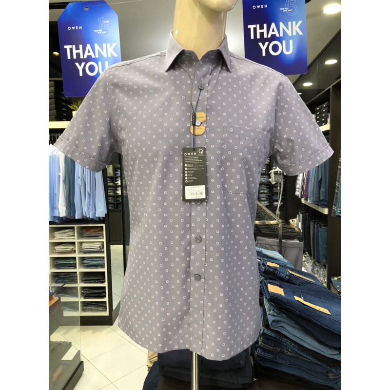 Áo sơ mi owen ngắn tay màu ghi họa tiết body fit vạt ngang vải sợi tre AB230051NT