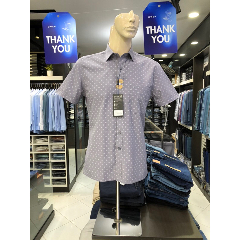 Áo sơ mi owen ngắn tay màu ghi họa tiết body fit vạt ngang vải sợi tre AB230051NT