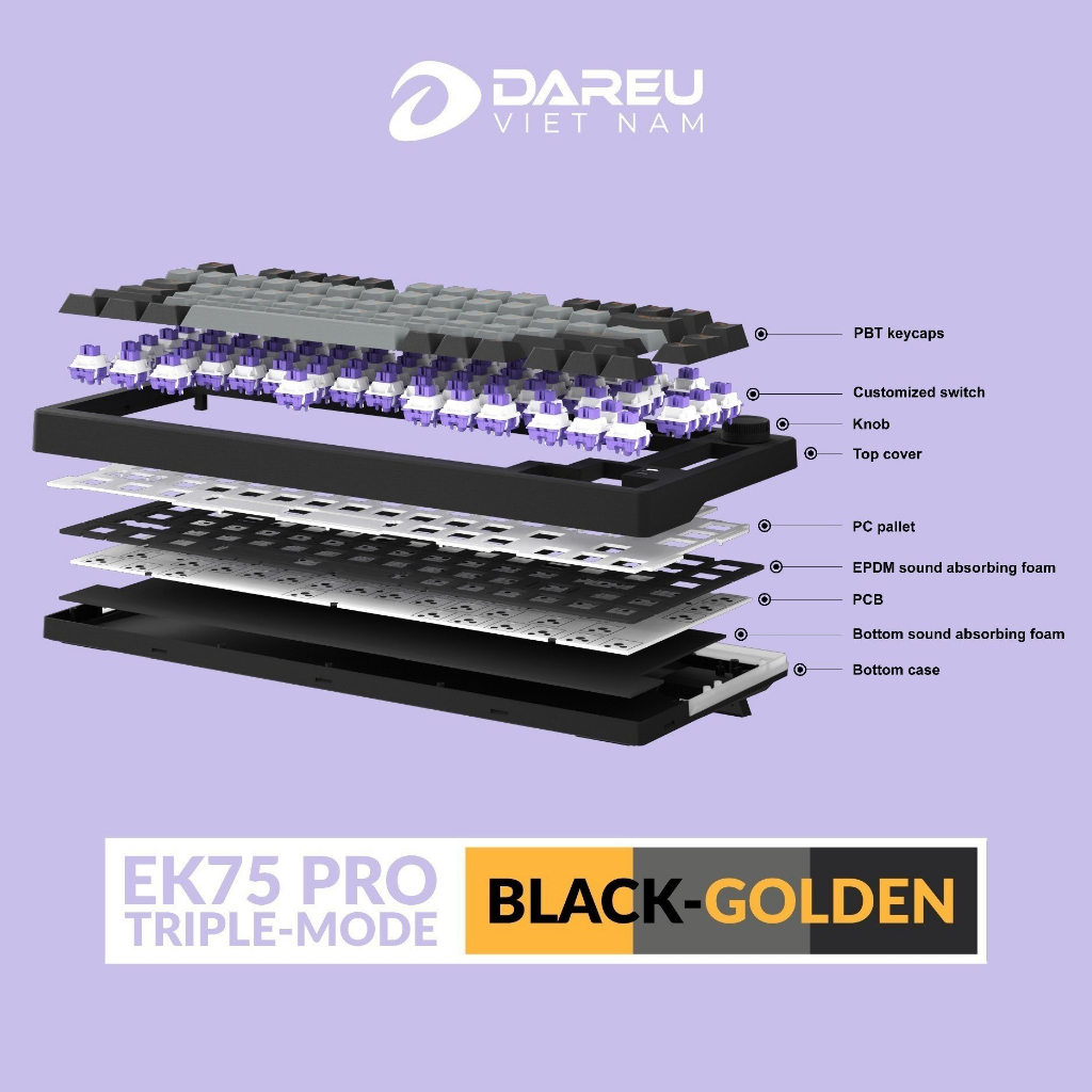 Bàn phím cơ không dây DAREU EK75 PRO - BLACK GOLDEN (Hotswap, Pin: 3.750mAh ,Triple Mode, Gasket Mount, RGB )