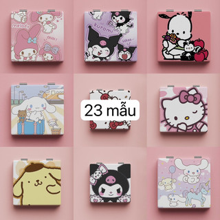  Gương trang điểm mini Gương cầm tay Gương gập 2 mặt da PU hoạt hình Sanrio Kuromi Melody Cinnamoroll Kitty
