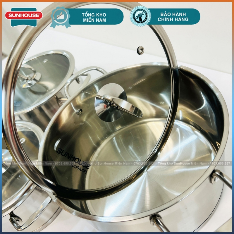 BỘ NỒI INOX 5 ĐÁY SUNHOUSE SH784 dùng trên mọi loại bếp