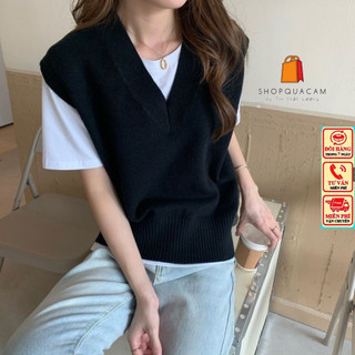 Áo Len Dệt Kim Cổ V Không Tay, Áo Gille Dáng Vừa Phải Kiểu Dáng Basic Trơn Dễ Phối Đồ Phong Cách Hàn Quôc Shopquacam