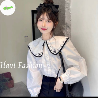 Áo sơ mi Haviss nữ dài tay cổ tròn cách điệu phối đen trắng  tiểu thư chất vải thô mịn dày dặn cao cấp