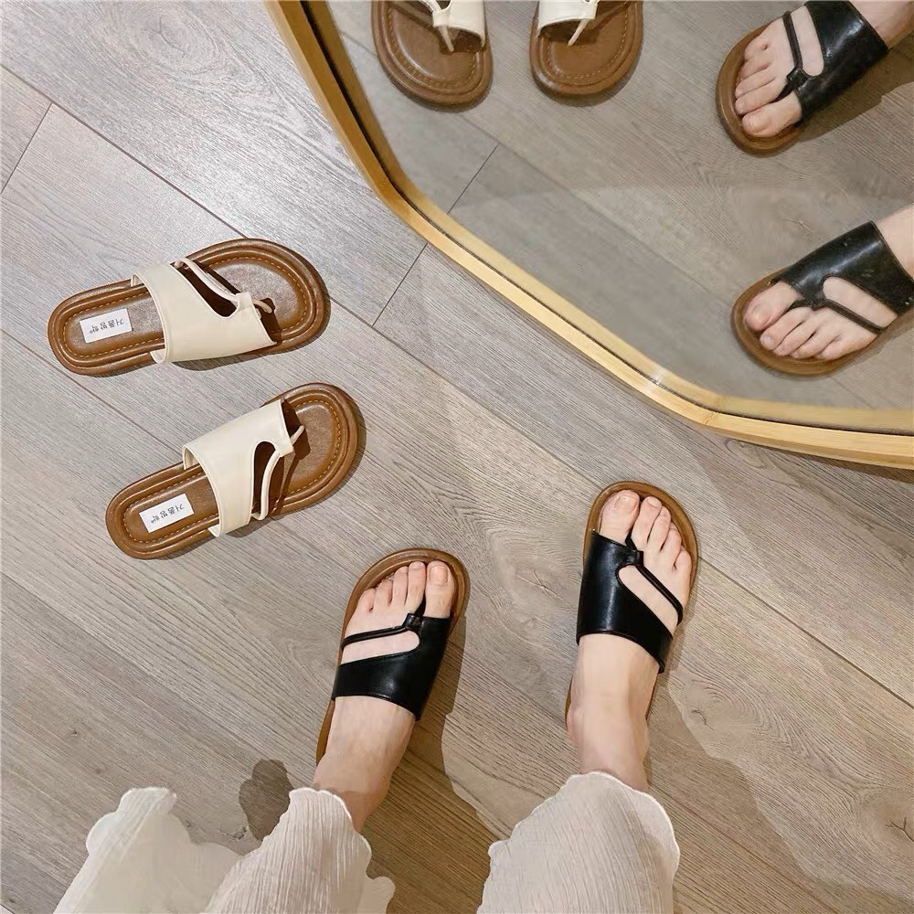 Dép xỏ ngón SUNNY da mềm 2 màu đen, kem đi biển đi chơi bền đẹp