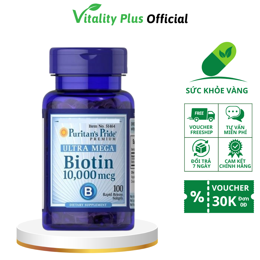 Viên Uống Puritan's Pride Ultra Mega Biotin 10000mcg Hỗ Trợ Mọc Tóc Giảm Gãy Rụng Hộp 100 Viên
