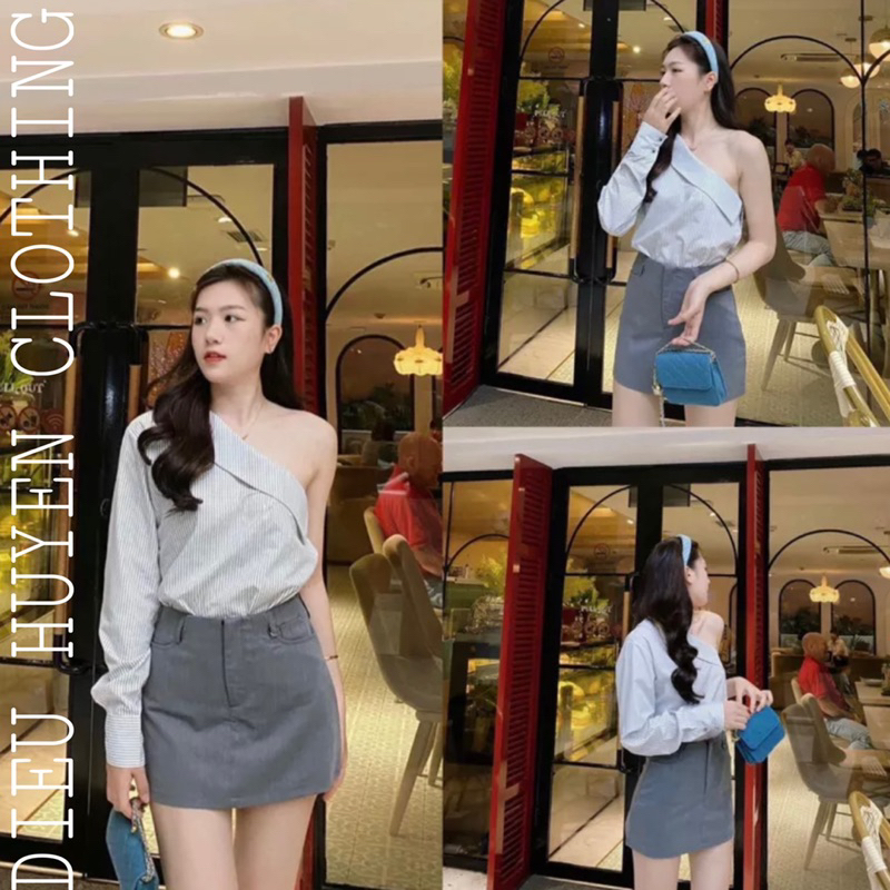 Set Áo Sơ Mi Sọc Lệch Tay Mix Chân Váy Xuất Xám Xinh Hot 2023