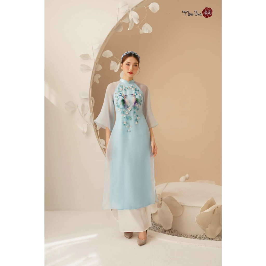 Áo dài cách tân mẹ và bé Ngọc Sương xanh thiết kế 4 tà, chất liệu tơ organza cao cấp - Áo dài ST - ST04