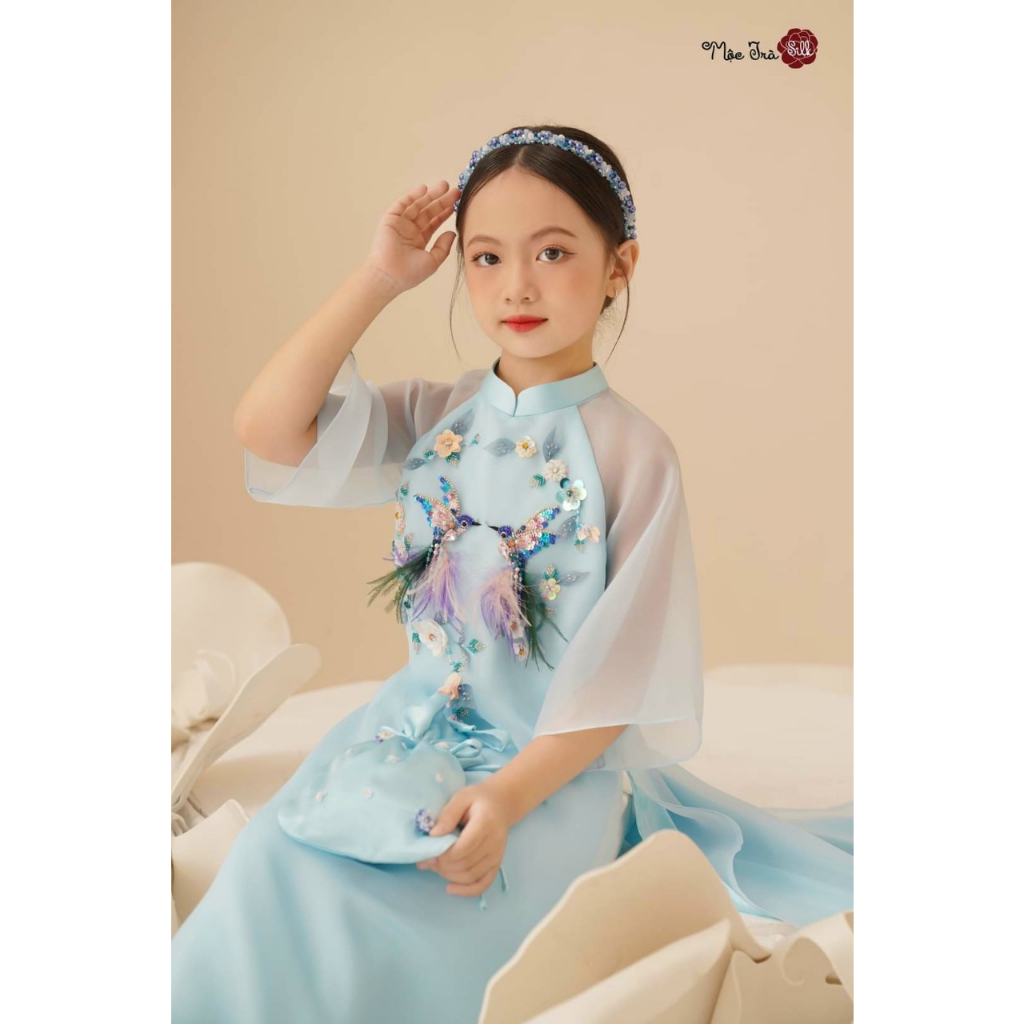 Áo dài cách tân mẹ và bé Ngọc Sương xanh thiết kế 4 tà, chất liệu tơ organza cao cấp - Áo dài ST - ST04
