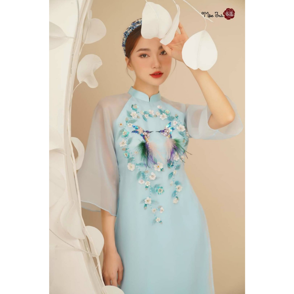 Áo dài cách tân mẹ và bé Ngọc Sương xanh thiết kế 4 tà, chất liệu tơ organza cao cấp - Áo dài ST - ST04