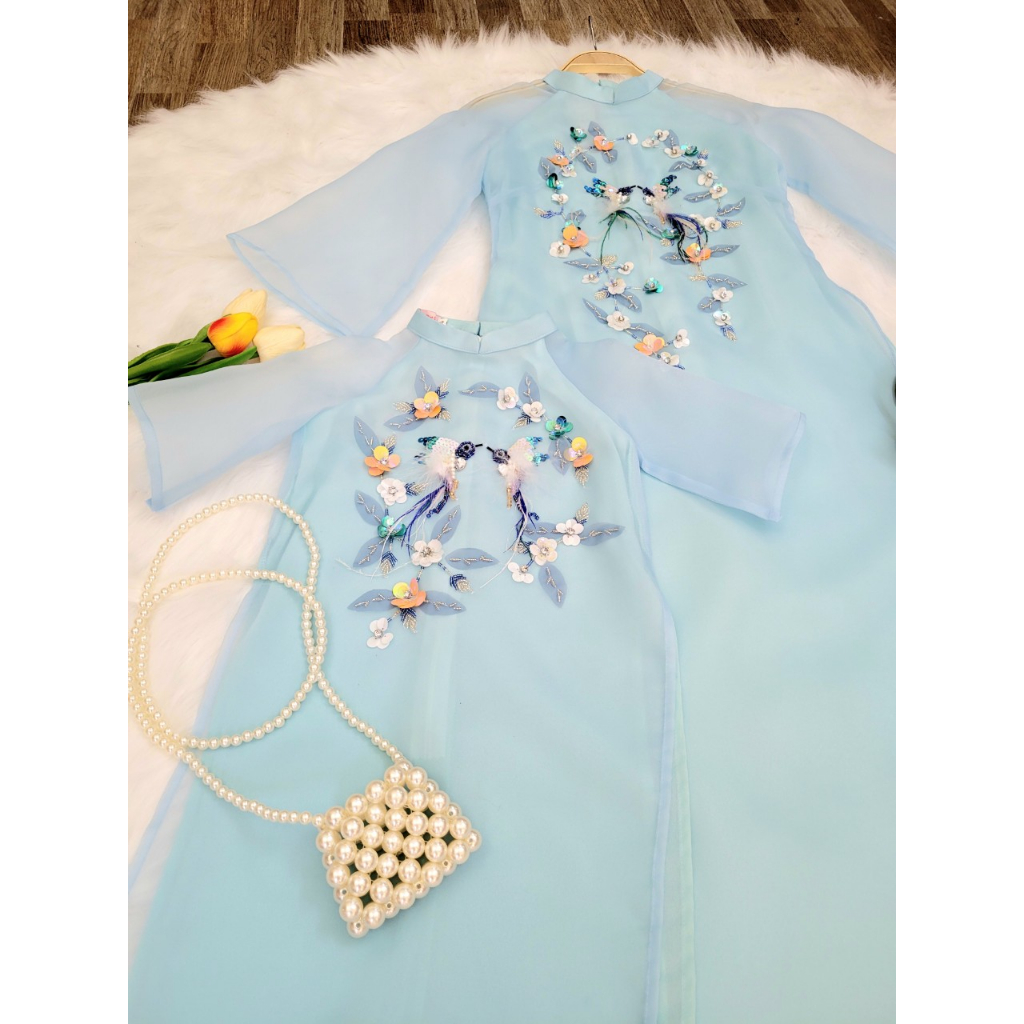 Áo dài cách tân mẹ và bé Ngọc Sương xanh thiết kế 4 tà, chất liệu tơ organza cao cấp - Áo dài ST - ST04