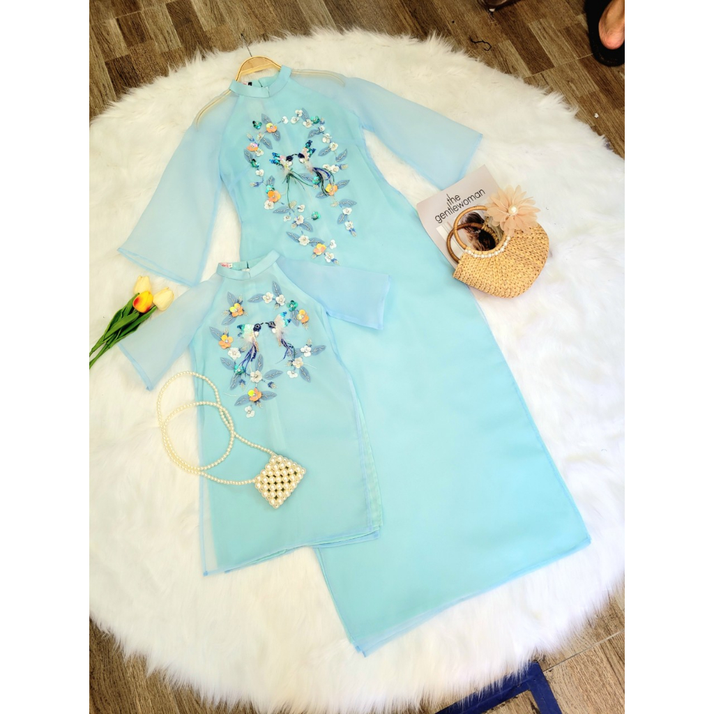 Áo dài cách tân mẹ và bé Ngọc Sương xanh thiết kế 4 tà, chất liệu tơ organza cao cấp - Áo dài ST - ST04